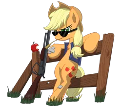 Size: 4000x3500 | Tagged: safe, artist:template93, derpibooru import, applejack, earth pony, pony, apple, badass, bandage, clothes, fence, food, grass, gun, hat, high res, leaning, looking at you, rifle, shotgun, simple background, sunglasses, transparent background, vest, weapon, wheat