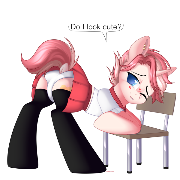 Size: 3000x3000 | Tagged: oc name needed, suggestive, artist:xcinnamon-twistx, derpibooru import, oc, unofficial characters only, pony, unicorn, bent over, chair, clothes, commission, crossdressing, femboy, lip bite, male, one eye closed, panties, presenting, raised tail, rear view, simple background, skirt, socks, solo, stockings, tail, thigh highs, transparent background, underwear, wink