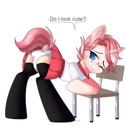 Size: 3000x3000 | Tagged: oc name needed, suggestive, artist:xcinnamon-twistx, derpibooru import, oc, unofficial characters only, pony, unicorn, bent over, chair, clothes, commission, crossdressing, femboy, lip bite, male, one eye closed, panties, presenting, raised tail, rear view, simple background, skirt, socks, solo, stockings, tail, thigh highs, transparent background, underwear, wink