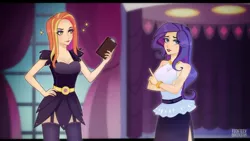 Size: 1280x720 | Tagged: safe, artist:feekteev, derpibooru import, rarity, sassy saddles, human, canterlot boutique, clipboard, clothes, duo, female, garter belt, hand on hip, humanized, indoors, miniskirt, pencil skirt, rarity peplum dress, redraw, side slit, skirt, sleeveless, tall sideslit