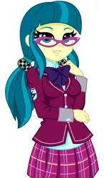 Size: 821x1410 | Tagged: safe, artist:rosemile mulberry, derpibooru import, juniper montage, equestria girls, bowtie, clothes, crystal prep academy uniform, cute, female, film reel, glasses, junibetes, looking at you, pigtails, school uniform, simple background, skirt, smiling, smiling at you, solo, twintails