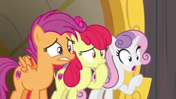 Size: 1920x1080 | Tagged: apple bloom, cutie mark, cutie mark crusaders, derpibooru import, gasp, gasping, growing up is hard to do, older, open mouth, safe, scootaloo, screencap, scrunchy face, shocked, sweetie belle, the cmc's cutie marks