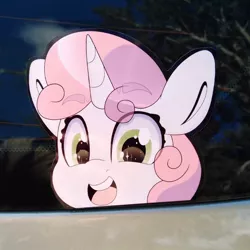 Size: 794x794 | Tagged: safe, artist:partylikeanartist, derpibooru import, sweetie belle, pony, unicorn, anime eyes, anime style, bumper sticker, car, chibi, cute, diasweetes, eye clipping through hair, eyebrows, eyebrows visible through hair, female, filly, irl, looking at you, peeker, peeking, photo, solo, sticker, wingding eyes