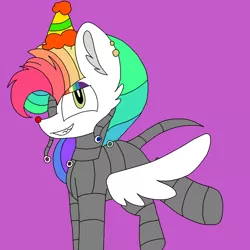 Size: 1378x1378 | Tagged: safe, artist:circuspaparazzi5678, derpibooru import, oc, oc:rainbow blitz, pegasus, pony, clown nose, ear piercing, earring, evil grin, eyeball, five nights at panda flare's: panda location, fnaf sl, grin, hat, jewelry, multicolored hair, party hat, piercing, rainbow hair, rainbow makeup, sharp teeth, smiling, solo, teeth, wires