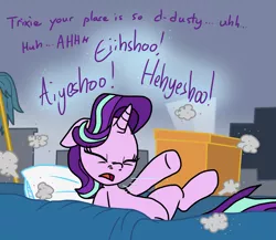 Size: 5849x5080 | Tagged: safe, artist:anyponedrawn, derpibooru import, starlight glimmer, pony, unicorn, absurd resolution, bed, bedroom, box, cute, dust, dust cloud, junk, lying down, mop, nostril flare, nostrils, sneezing