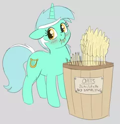 Size: 942x978 | Tagged: safe, artist:heretichesh, derpibooru import, lyra heartstrings, pony, unicorn, barrel, blushing, crime, cute, eating, female, food, fuck the police, herbivore, horses doing horse things, l.u.l.s., lyrabetes, mare, oats, pure unfiltered evil, sign, solo, stealing, text, u lil shid, villainous