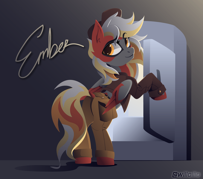 Size: 1222x1080 | Tagged: safe, artist:willoillo, derpibooru import, oc, oc:ember (ignis), unofficial characters only, pegasus, pony, butt, clothes, female, hat, image, jacket, mechanic, pants, pegasus oc, png, pony oc, refrigerator, simple background, solo, two-tone coat, vector, wings