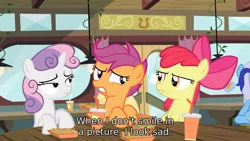 Size: 1920x1080 | Tagged: safe, derpibooru import, screencap, apple bloom, minuette, scootaloo, sweetie belle, pony, twilight time, burger, food, french fries, hay burger, hay fries, subtitles