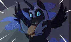 Size: 1053x622 | Tagged: safe, artist:testostepone, derpibooru import, nightmare moon, alicorn, pony, burger, caught, colored sketch, eating, female, food, mare, simple background, solo
