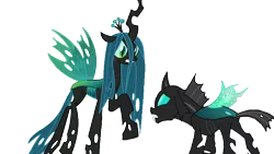 Size: 1280x720 | Tagged: safe, derpibooru import, edit, edited screencap, screencap, queen chrysalis, thorax, changeling, changeling queen, to where and back again, angry, background removed, crown, crystal wings, female, floppy ears, jewelry, looking at each other, male, not a vector, regalia, simple background, transparent background, wings, worried