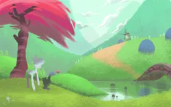 Size: 1366x850 | Tagged: safe, alternate version, artist:junkiejl, derpibooru import, pom lamb, dog, sheep, them's fightin' herds, bridge, cloud, community related, duo, female, lamb, mountain, outdoors, river, scenery, signature, tree, water, windmill