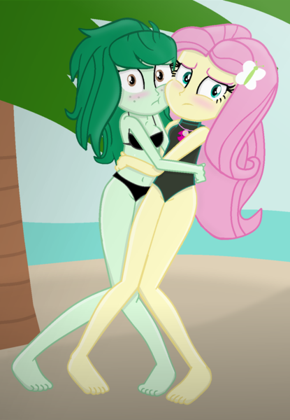 Size: 1091x1579 | Tagged: safe, artist:grapefruitface1, derpibooru import, fluttershy, wallflower blush, equestria girls, awkward, barefoot, belly button, bikini, blushing, breasts, clothes, feet, female, flutterblush, geode of fauna, hug, lesbian, looking at you, magical geodes, shipping, swimsuit