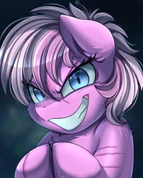 Size: 1424x1764 | Tagged: safe, artist:pridark, derpibooru import, oc, oc:deathwish, earth pony, pony, blue eyes, bust, chest fluff, commission, creepy, evil grin, grin, looking at you, portrait, smiling, solo