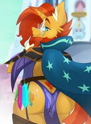 Size: 822x1122 | Tagged: suggestive, alternate version, artist:lil miss jay, derpibooru import, sunburst, anthro, pony, unicorn, full service playing cards, the last problem, adorasexy, ass, back, beard, butt, buttcrack, cape, clothes, crossdressing, crystal empire, cute, eyebrows, facial hair, lil miss jay edits, looking at you, looking back, male, older sunburst, outdoors, sexy, solo, solo male, stallion, stupid sexy sunburst, sunburst the bearded