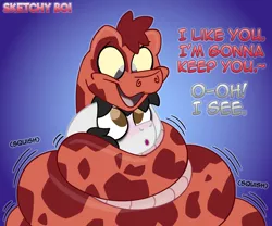Size: 2400x2000 | Tagged: safe, artist:snakeythingy, derpibooru import, oc, oc:nightwish, oc:sketchy dupe, oc:sketchy noodle, snake, blushing, coiling, coils, dialogue, gradient background, looking at each other, massage, snug, squishy, story included