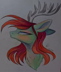 Size: 1080x1276 | Tagged: safe, artist:_quantumness_, derpibooru import, oc, unofficial characters only, deer, deer pony, original species, pony, antlers, bust, chest fluff, signature, simple background, solo, traditional art, white background, white eyes