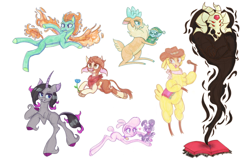 Size: 2048x1376 | Tagged: safe, artist:ash of the leander, derpibooru import, arizona cow, fhtng th§ ¿nsp§kbl, oleander (tfh), paprika paca, pom lamb, tianhuo, velvet reindeer, alpaca, classical unicorn, cow, deer, demon, dog, dragon, hybrid, longma, reindeer, sheep, unicorn, winter sprite, them's fightin' herds, bell, book, clothes, cloven hooves, collar, community related, cowboy hat, crying, female, floating heart, floppy ears, flower, hat, heart, horns, injured, lamb, leonine tail, lidded eyes, male, microphone, open mouth, sad, scarf, sheep dog, simple background, sketch, sketch dump, smiling, tongue out, unicornomicon, unshorn fetlocks, white background