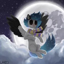 Size: 1500x1500 | Tagged: safe, artist:laninota8, derpibooru import, oc, unofficial characters only, clothes, flying, moon, night, outdoors, scarf, sky, solo