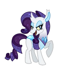 Size: 795x860 | Tagged: safe, artist:maskarie, derpibooru import, rarity, changedling, changeling, bedroom eyes, changedlingified, changelingified, female, looking at you, open mouth, raised hoof, rariling, simple background, smiling, solo, species swap, standing, transparent background, yellow sclera
