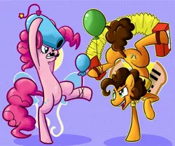 Size: 1023x852 | Tagged: safe, artist:maskarie, derpibooru import, cheese sandwich, pinkie pie, earth pony, pony, pinkie pride, accordion, balloon, bipedal, cutie mark background, duo, facial hair, female, goof off, gritted teeth, handstand, looking at each other, male, mare, moustache, musical instrument, open mouth, party cannon, purple background, raised hoof, simple background, smiling, stallion, standing, standing on one leg, upside down