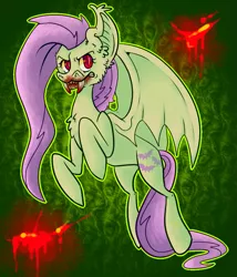 Size: 771x900 | Tagged: semi-grimdark, artist:maskarie, derpibooru import, fluttershy, bat pony, pony, abstract background, bat ponified, blood, blood on face, cheek fluff, chest fluff, creepy, ear fluff, fangs, female, feral, flutterbat, gritted teeth, looking at you, mare, race swap, rearing, sharp teeth, slit eyes, solo, teeth