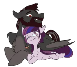Size: 3007x2646 | Tagged: safe, artist:chub-wub, derpibooru import, oc, oc:antique rose, oc:slate breaker, unofficial characters only, bat pony, pony, bat pony oc, bat wings, beard, commission, couple, digital art, facial hair, fangs, female, glasses, grandparents, husband and wife, lying down, male, mare, married, married couple, nuzzling, oc x oc, one eye closed, prone, red eyes, scar, shipping, simple background, slit eyes, smiling, stallion, straight, transparent background, wings