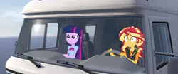 Size: 1920x802 | Tagged: safe, derpibooru import, edit, edited screencap, screencap, sunset shimmer, twilight sparkle, equestria girls, equestria girls series, camper, rv, the incredibles, vectors used