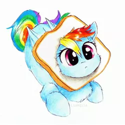 Size: 2322x2322 | Tagged: safe, artist:liaaqila, derpibooru import, rainbow dash, pegasus, pony, :<, behaving like a cat, bread, cat breading, chest fluff, cute, dashabetes, female, food, liaaqila is trying to murder us, liaaqila is trying to murder us with dashabetes, silly, silly pony, simple background, solo, weapons-grade cute, white background