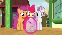 Size: 1920x1080 | Tagged: safe, derpibooru import, screencap, apple bloom, scootaloo, sweetie belle, growing up is hard to do, cutie mark crusaders, flower, older, train station, wishing flower