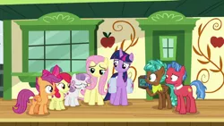 Size: 1920x1080 | Tagged: safe, derpibooru import, screencap, apple bloom, biscuit, fluttershy, scootaloo, spur, sweetie belle, twilight sparkle, alicorn, growing up is hard to do, bag, cutie mark, cutie mark crusaders, saddle bag, the cmc's cutie marks, train station, twilight sparkle (alicorn)