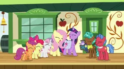 Size: 1920x1080 | Tagged: safe, derpibooru import, screencap, apple bloom, biscuit, bloofy, fluttershy, scootaloo, spur, sweetie belle, twilight sparkle, alicorn, growing up is hard to do, bag, cutie mark, cutie mark crusaders, saddle bag, the cmc's cutie marks, train station, twilight sparkle (alicorn)