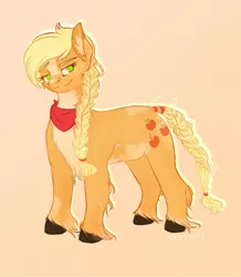 Size: 1553x1777 | Tagged: safe, artist:nyota71, derpibooru import, applejack, earth pony, pony, alternate hairstyle, bandana, body markings, braid, braided tail, chest fluff, colored hooves, colored pupils, ear fluff, female, freckles, hoof fluff, mare, raised eyebrow, redesign, simple background, smiling, smirk, smug, solo, spots, unshorn fetlocks