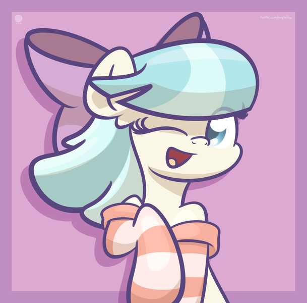 Size: 2600x2560 | Tagged: safe, artist:kimjoman, derpibooru import, coco pommel, earth pony, pony, bow, clothes, cocobetes, cute, female, hair bow, high res, mare, one eye closed, open mouth, smiling, socks, solo, striped socks, wink