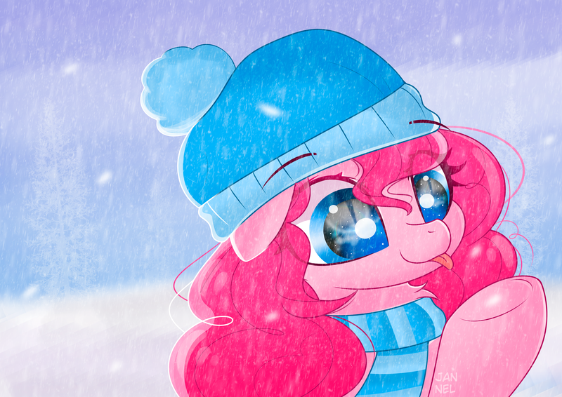 Size: 5787x4092 | Tagged: safe, artist:janelearts, derpibooru import, pinkie pie, earth pony, pony, :p, clothes, cute, diapinkes, hat, ponk, scarf, snow, snowfall, solo, stray strand, tongue out, winter