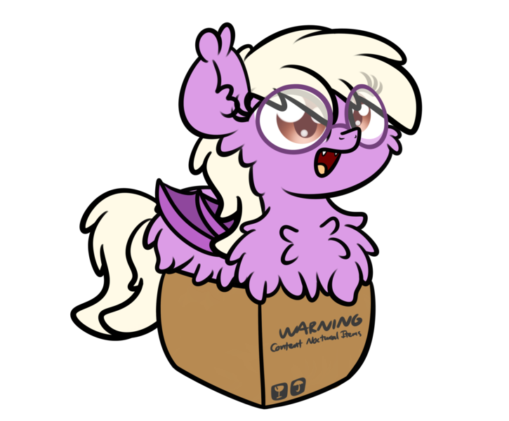 Size: 3250x2688 | Tagged: safe, artist:kimjoman, derpibooru import, part of a set, oc, oc:pinkfull night, unofficial characters only, bat pony, pony, bat pony oc, bat wings, box, fangs, female, fluffy, glasses, pony in a box, simple background, slit eyes, solo, teenager, transparent background, wings