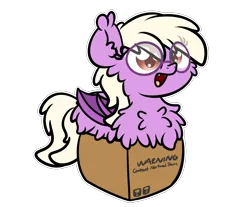 Size: 3250x2688 | Tagged: safe, artist:kimjoman, derpibooru import, part of a set, oc, oc:pinkfull night, unofficial characters only, bat pony, pony, bat pony oc, bat wings, box, fangs, female, fluffy, glasses, pony in a box, simple background, slit eyes, solo, teenager, transparent background, wings