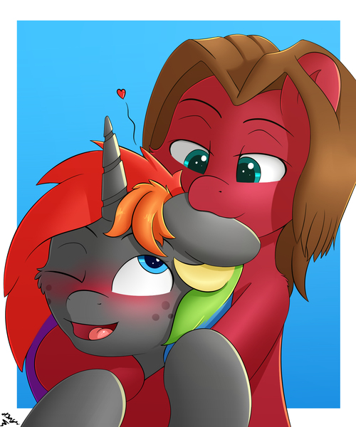 Size: 1600x1920 | Tagged: safe, artist:h3nger, derpibooru import, oc, oc:doodles, oc:krylone, unofficial characters only, earth pony, pony, unicorn, blushing, gay, heart, male, multicolored hair, rainbow hair