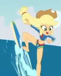 Size: 1324x1629 | Tagged: safe, derpibooru import, screencap, applejack, blue crushed, equestria girls, equestria girls series, barefoot, clothes, cropped, feet, female, geode of super strength, legs, magical geodes, solo, surfboard, surfing, swimsuit