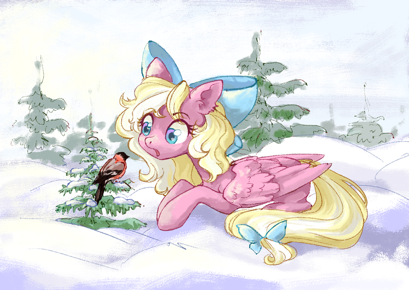 Size: 1920x1363 | Tagged: safe, artist:shore2020, derpibooru import, oc, oc:bay breeze, unofficial characters only, bird, pegasus, pony, bow, bullfinch, hair bow, snow, solo, tree, winter