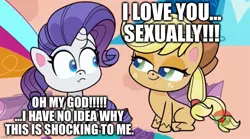 Size: 1115x621 | Tagged: safe, derpibooru import, edit, edited screencap, screencap, applejack, rarity, earth pony, pony, unicorn, a camping we will go, my little pony: pony life, spoiler:pony life s01e11, spoiler:pony life s01e15, bedroom eyes, caption, excessive exclamation marks, female, i love you, image macro, lesbian, lidded eyes, love, mare, rarijack, shipping, shocked, sitting, smiling, text