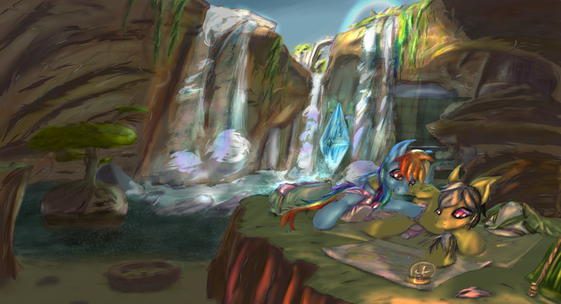 Size: 1995x1080 | Tagged: questionable, artist::snowfrost, derpibooru import, daring do, rainbow dash, pegasus, pony, adult foal, campfire, camping, cave, cave pool, cavern, changing mat, compass, crystal, diaper, diaper change, diaper fetish, female, fetish, glowing crystals, helmet, map, non-baby in diaper, rainbow, rock, rope, ruins, tree, waterfall, wet diaper