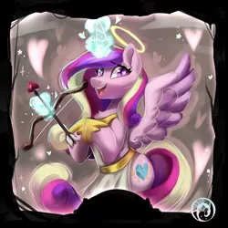 Size: 1889x1889 | Tagged: safe, artist:colorfulcolor233, derpibooru import, princess cadance, alicorn, pony, arrow, bow (weapon), bow and arrow, chest fluff, clothes, crossover, cupid, cupidance, female, halo, happy, heart, heart arrow, heart eyes, magic, mare, open mouth, solo, telekinesis, the werewolves of millers hollow, weapon, wingding eyes