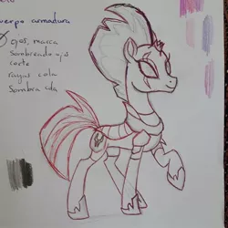 Size: 648x648 | Tagged: safe, artist:katkatdesign, derpibooru import, tempest shadow, pony, unicorn, armor, broken horn, eye scar, female, hoof shoes, horn, lineart, mare, raised hoof, reference sheet, scar, smiling, solo, traditional art