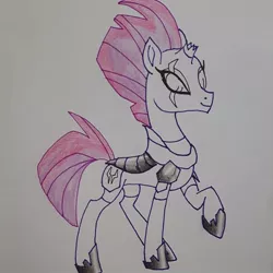 Size: 648x648 | Tagged: safe, alternate version, artist:katkatdesign, derpibooru import, tempest shadow, pony, unicorn, armor, broken horn, eye scar, female, hoof shoes, horn, lineart, mare, raised hoof, scar, smiling, solo, traditional art