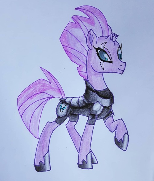 Size: 1080x1269 | Tagged: safe, alternate version, artist:katkatdesign, derpibooru import, tempest shadow, pony, unicorn, armor, broken horn, eye scar, female, hoof shoes, horn, mare, raised hoof, scar, smiling, solo, traditional art