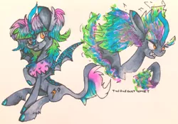 Size: 1364x953 | Tagged: safe, artist:twilightcomet, derpibooru import, oc, oc:flicker flash, unofficial characters only, alicorn, bat pony, bat pony alicorn, pony, bat pony oc, bat wings, bust, chest fluff, duo, female, hoof polish, horn, leonine tail, mare, wings