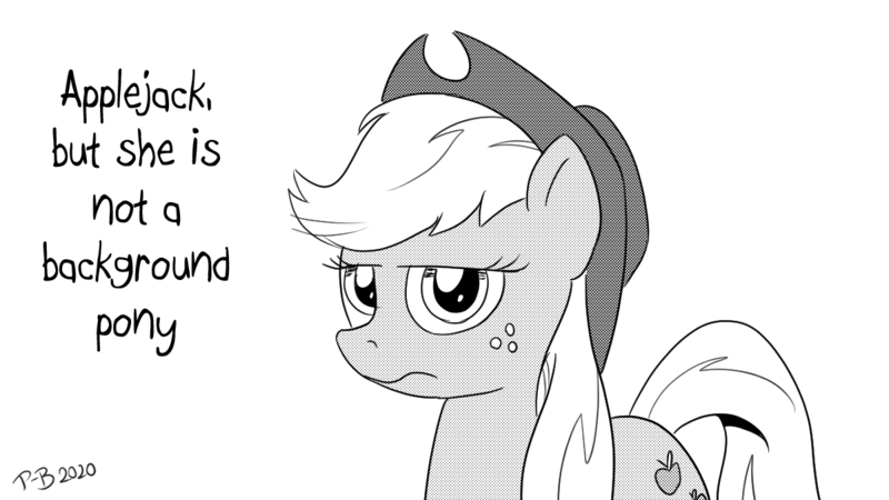 Size: 1200x675 | Tagged: applejack, applejack is not amused, applejack's hat, artist:pony-berserker, background pony applejack, bad joke face, cowboy hat, derpibooru import, female, hat, monochrome, pony-berserker's twitter sketches, safe, solo, stippling, unamused