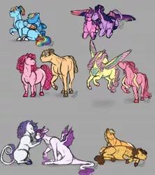 Size: 1280x1444 | Tagged: safe, artist:theartfox2468, derpibooru import, applejack, fluttershy, pinkie pie, rainbow dash, rarity, twilight sparkle, twilight sparkle (alicorn), oc, oc:estella sparkle, oc:golden russet, oc:rocky road, oc:spectrum, oc:valentine, oc:violetta belle, alicorn, classical unicorn, dracony, earth pony, hybrid, pegasus, pony, snake, unicorn, cloven hooves, colored wings, cuddling, female, gray background, hair bun, interspecies offspring, leonine tail, lying down, male, mane six, mare, missing cutie mark, mother and child, mother and daughter, mother and son, multicolored wings, offspring, parent:applejack, parent:big macintosh, parent:caramel, parent:cheese sandwich, parent:flash sentry, parent:fluttershy, parent:pinkie pie, parent:rainbow dash, parent:rarity, parent:soarin', parent:spike, parent:twilight sparkle, parents:carajack, parents:cheesepie, parents:flashlight, parents:fluttermac, parents:soarindash, parents:sparity, prone, rainbow wings, simple background, spread wings, stallion, unshorn fetlocks, wings