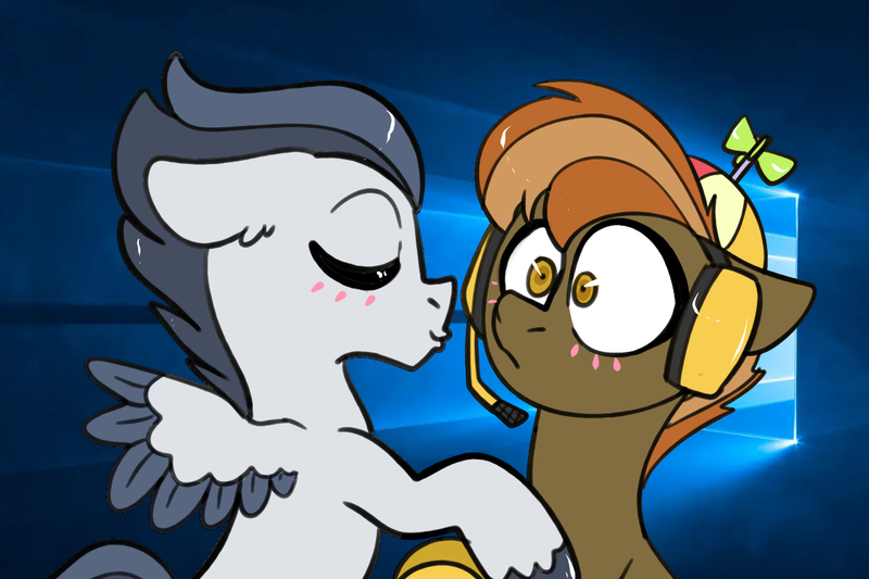 Size: 1200x800 | Tagged: safe, artist:northernlightsone, derpibooru import, button mash, rumble, earth pony, pegasus, pony, alternate hairstyle, blushing, colored wings, colored wingtips, controller, eyes closed, gay, hat, headset, kissing, male, older, older button mash, older rumble, propeller hat, rumblemash, shipping, stallion, surprised, unshorn fetlocks, wings