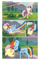 Size: 3555x5388 | Tagged: safe, artist:biocrine, derpibooru import, fluttershy, rainbow dash, pegasus, pony, comic, eyes closed, female, floppy ears, flutterdash, glomp, kissing, lesbian, looking at each other, lying down, on back, one eye closed, rainbow trail, shipping, straddling